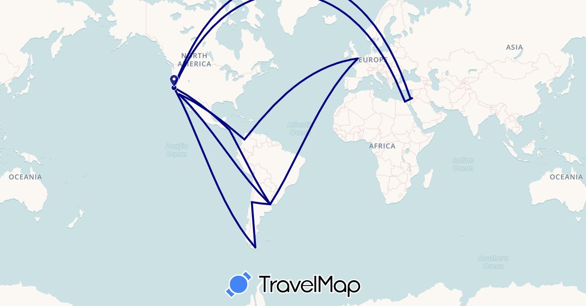 TravelMap itinerary: driving in Argentina, Chile, Colombia, Costa Rica, Egypt, United Kingdom, Israel, Jordan, Nicaragua, United States (Africa, Asia, Europe, North America, South America)
